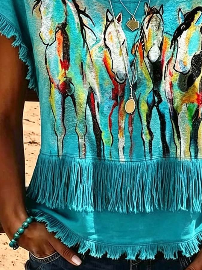 Damen-Freizeit-Top mit Quasten-Patchwork-Print