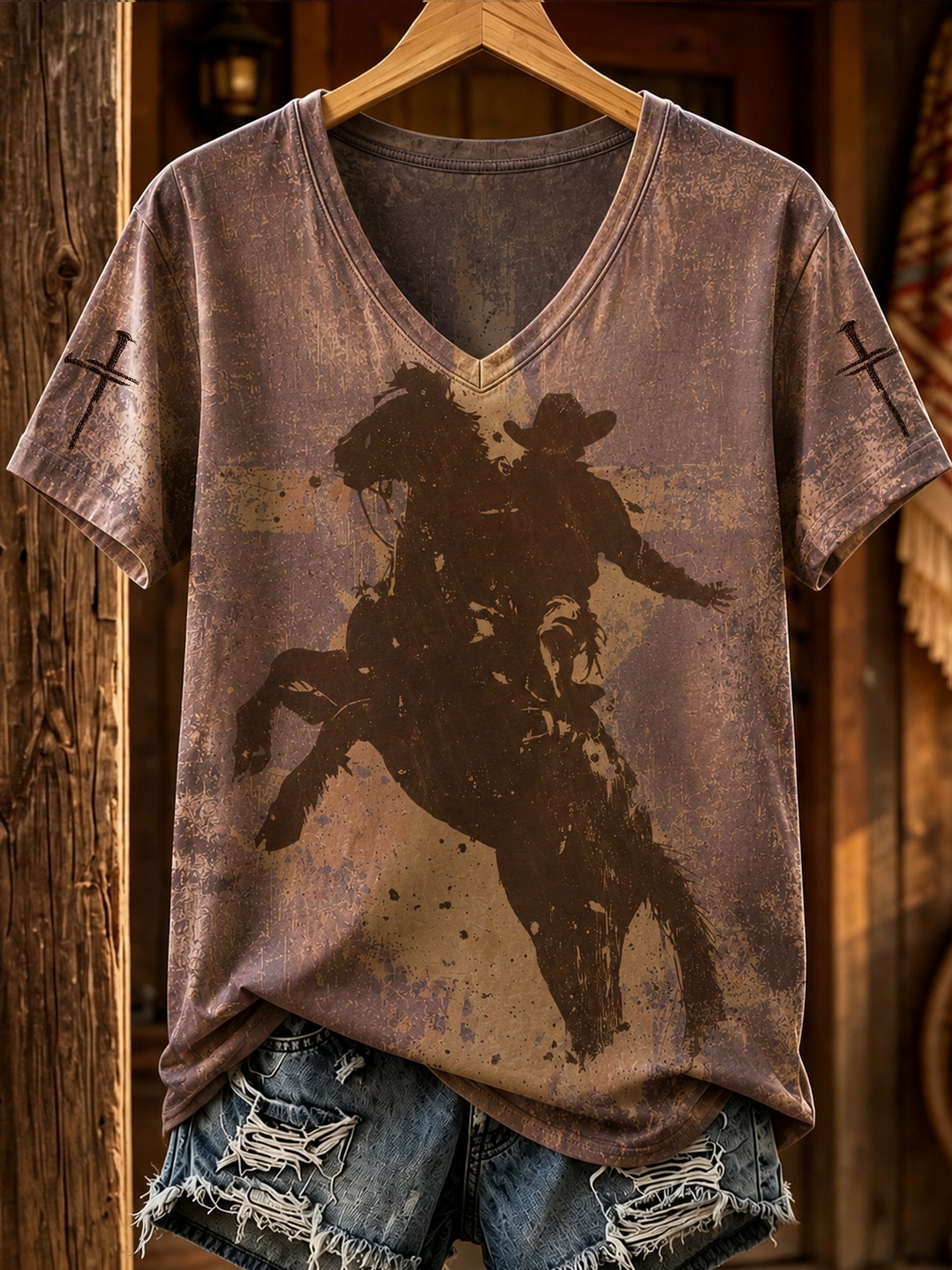Damen Retro Western Faith Print Freizeit Top