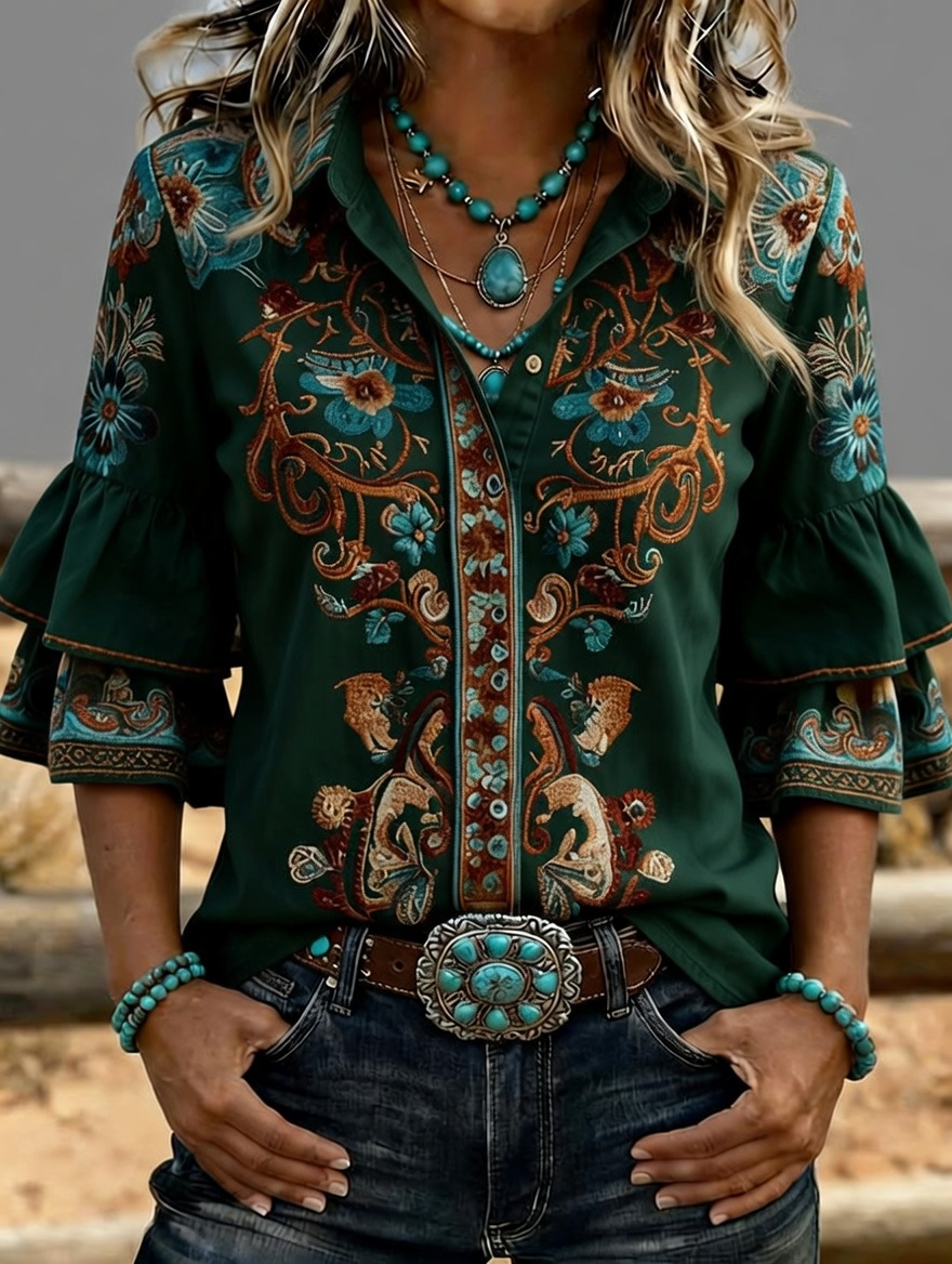 Women's Western Floral Embroidered Denim Bell Sleeve Shirt