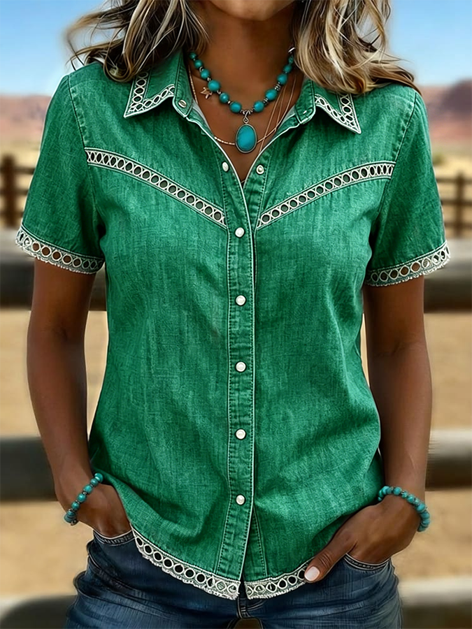 Women's Western Style Retro Solid Color Casual Hollow Denim Shirt