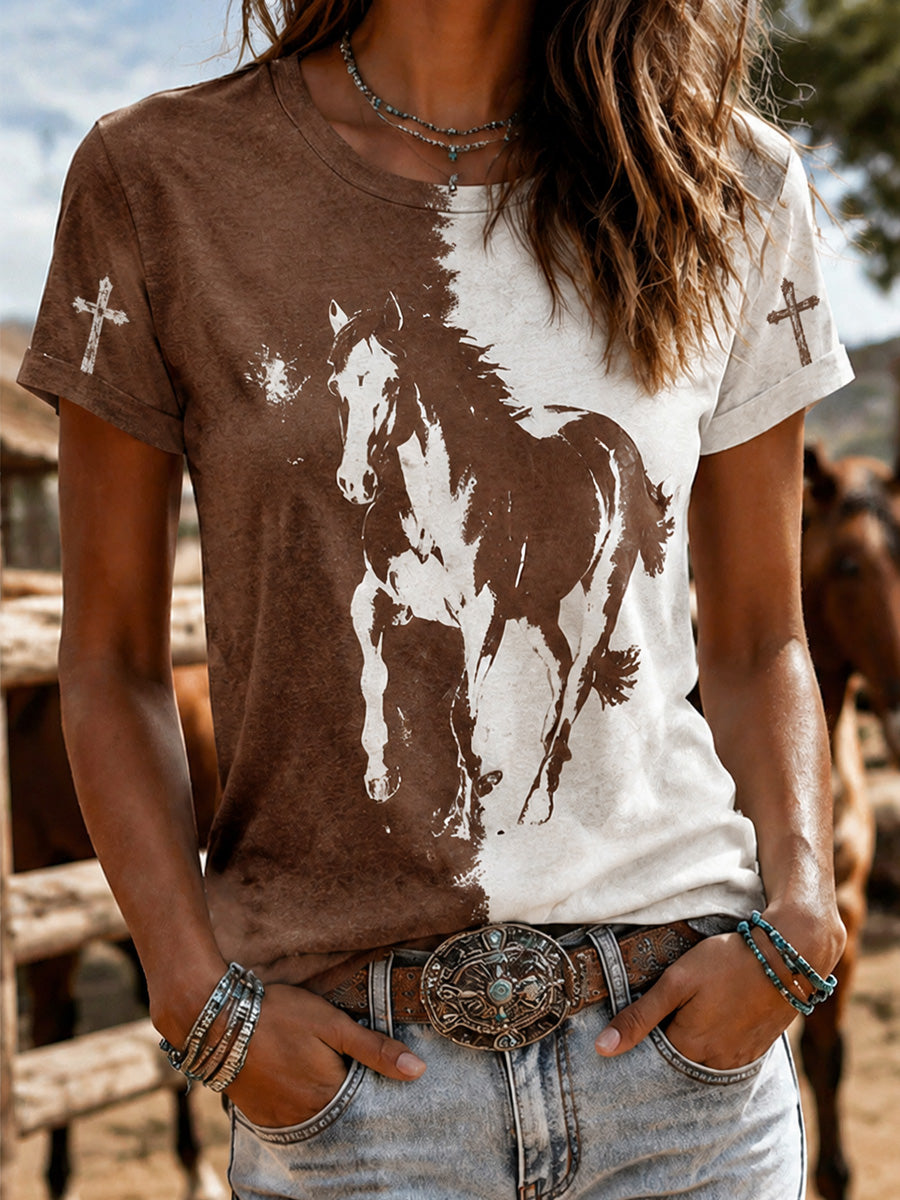 Damen Western Stil Tier Kreuz Rundhals T-Shirt