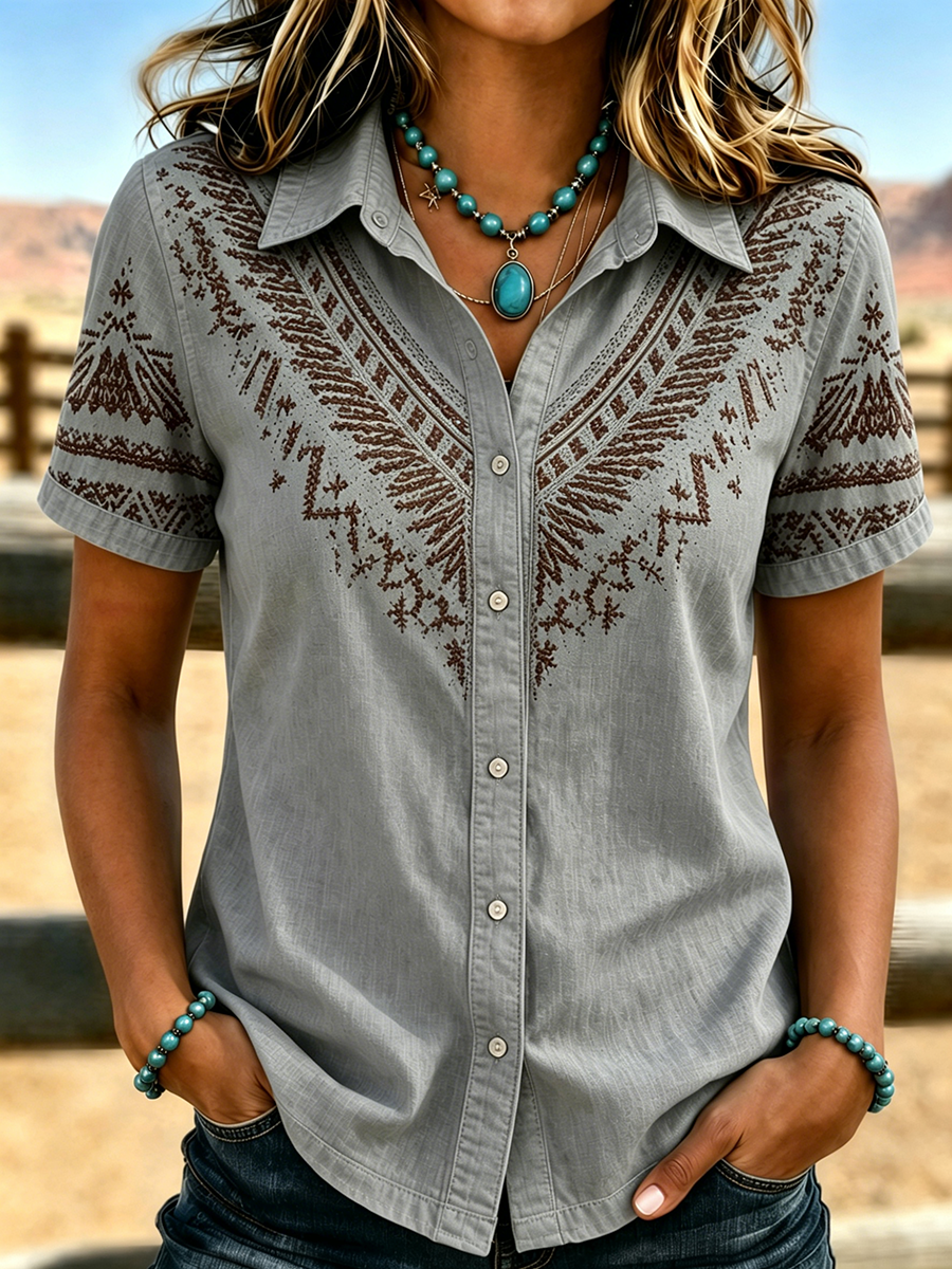 Women's Retro Western Style Printed Short Sleeved Shirt