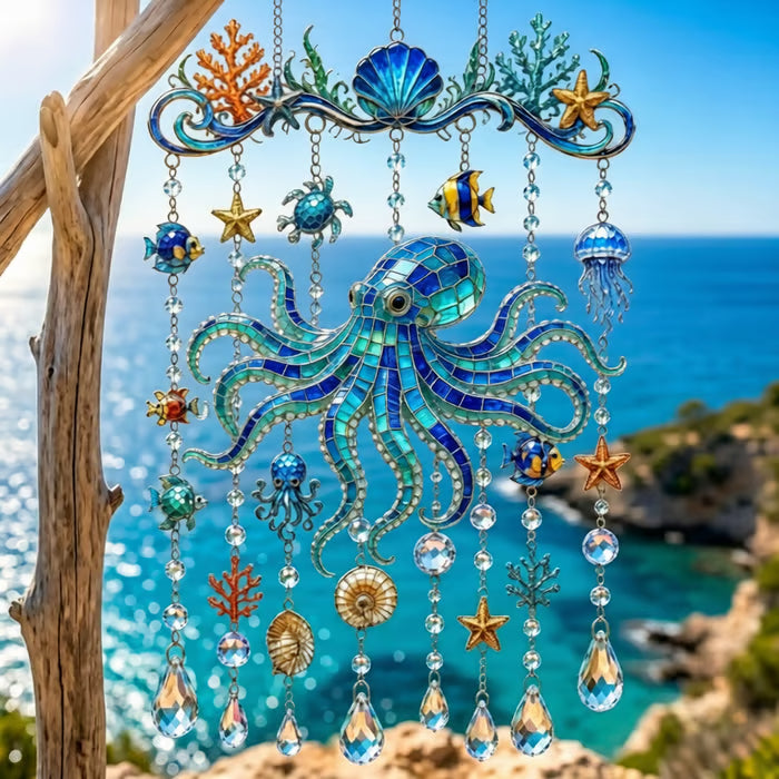 🔥🐋🐢🐬Ocean-Themed Crystal Wind Chime â€?🌊Bring the Ocean Glow to Your Garden