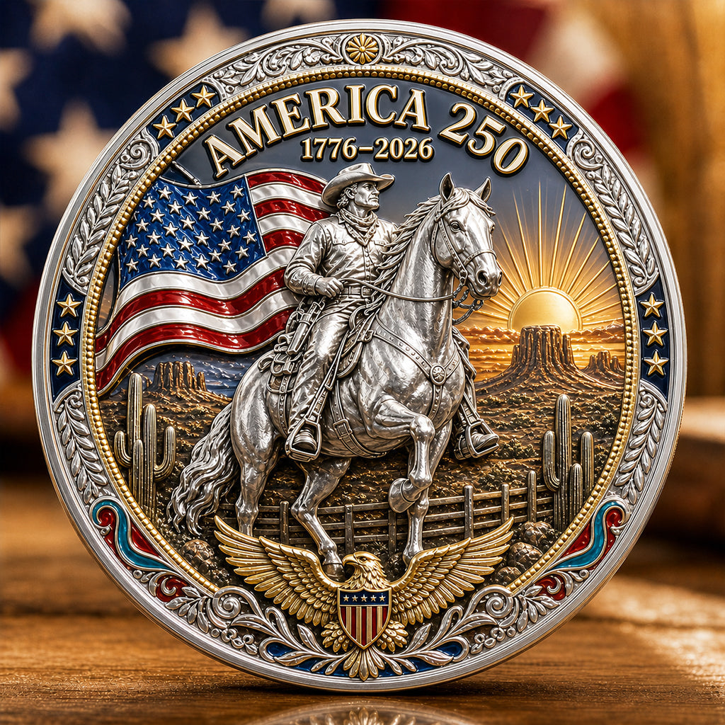 America 250th Anniversary Commemorative Coin – 1776–2026 Western Cowboy Eagle Freedom Challenge Coin, Antique Silver & Gold Plated Patriotic Collectible Gift