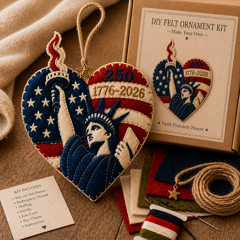 Ornement La Statue de la Liberté en forme de cœur fait à la main « 250e Anniversaire de la fondation des États-Unis » — Kit de loisirs créatifs patriotique en tissu (Édition commémorative 1776–2026)