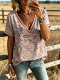 Damen Boho-Bluse mit Paisley-Print, V-Ausschnitt, Zierleiste und kurzen Ärmeln im Western-Stil