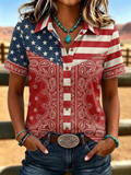 Damen Retro Western Stil Patriotisch Bedrucktes Kurzarmhemd