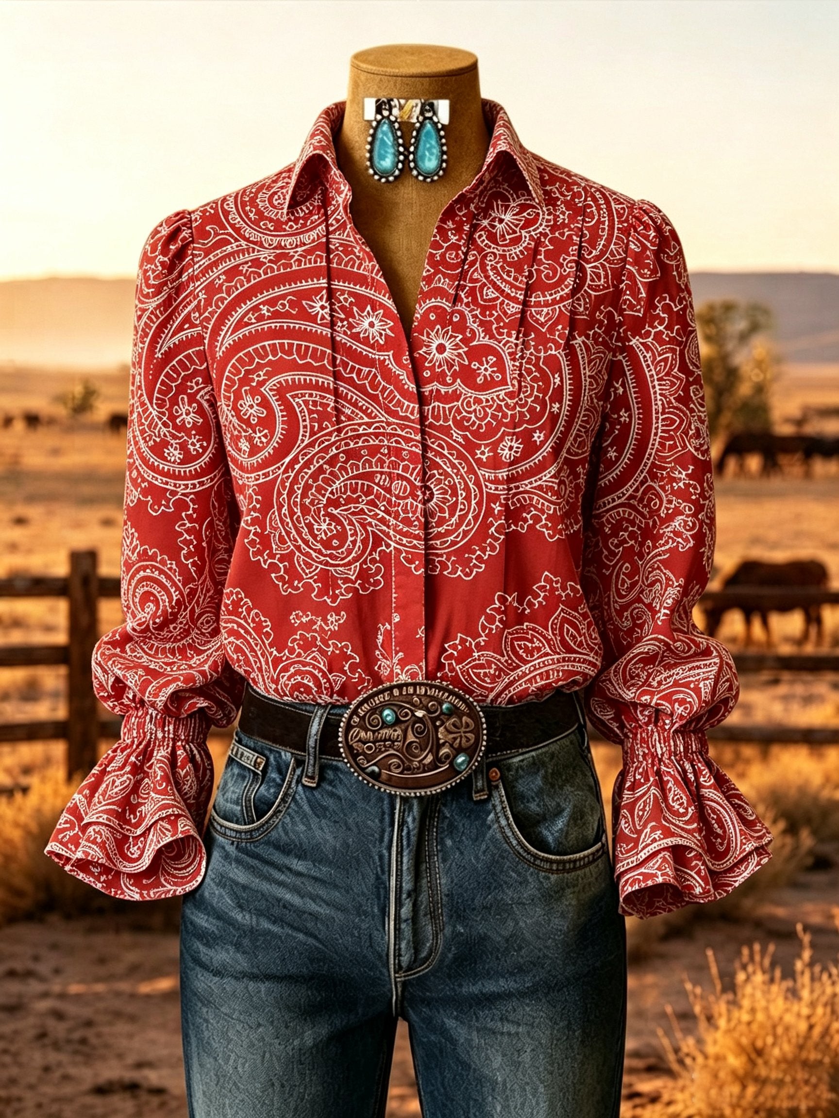 Westernbluse für Damen im Vintage-Stil mit Blumenmuster