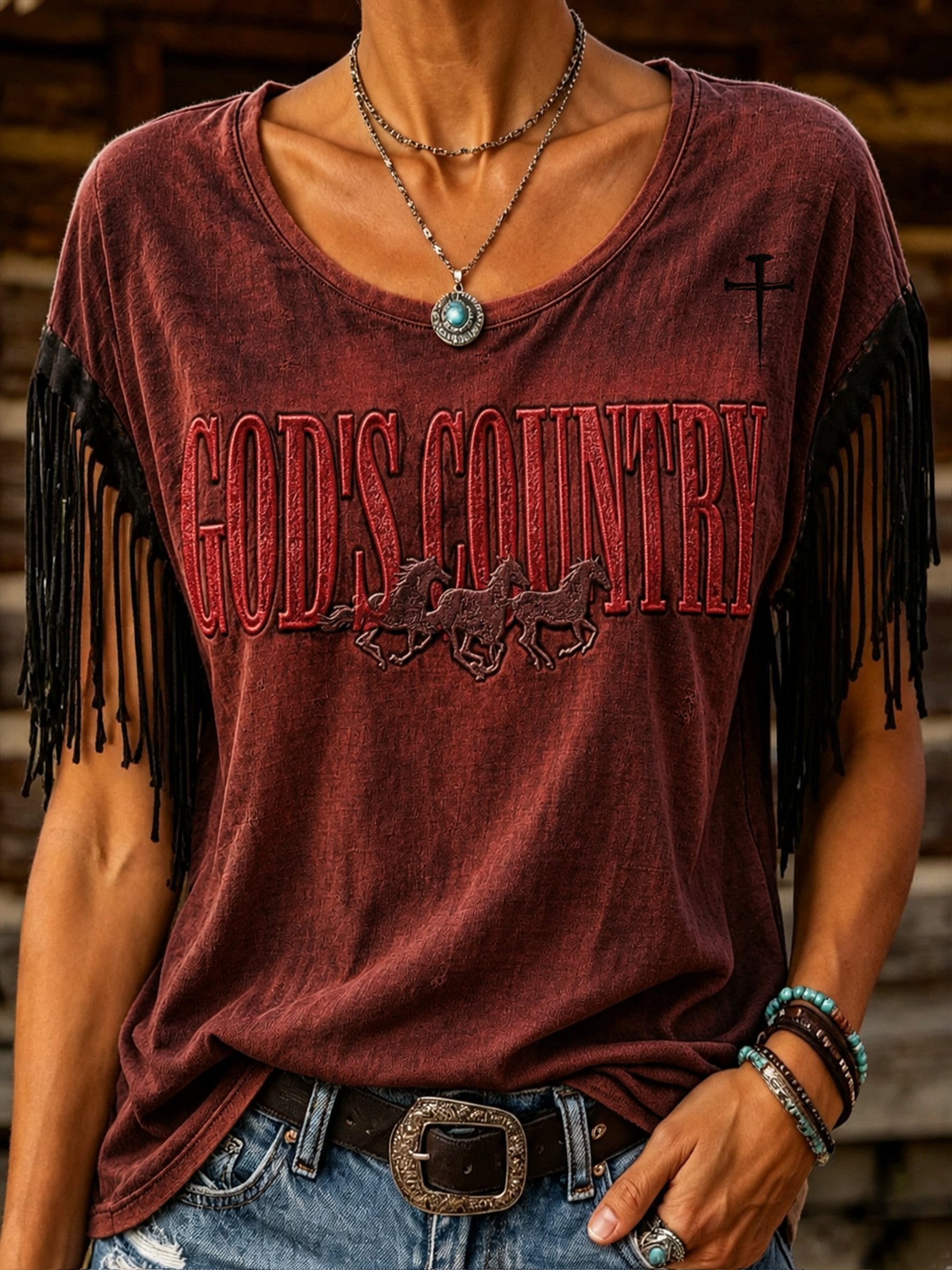 Women's Retro Western Print Fringe Round Neck Top