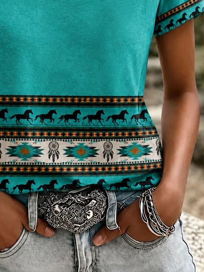 Damen Western-Stil Vintage Print Rundhals T-Shirt