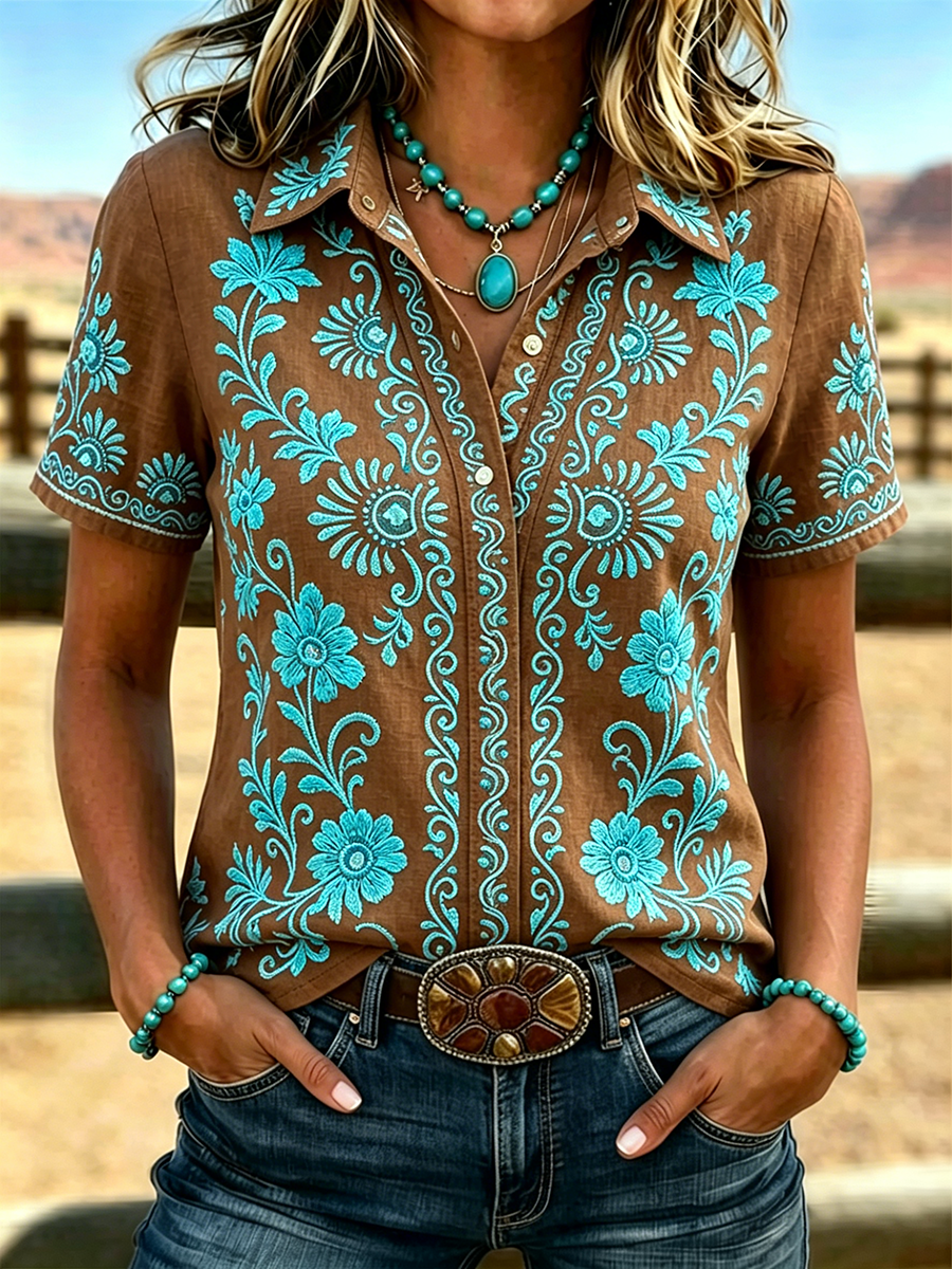 Women's Casual Retro Floral Western Shirt