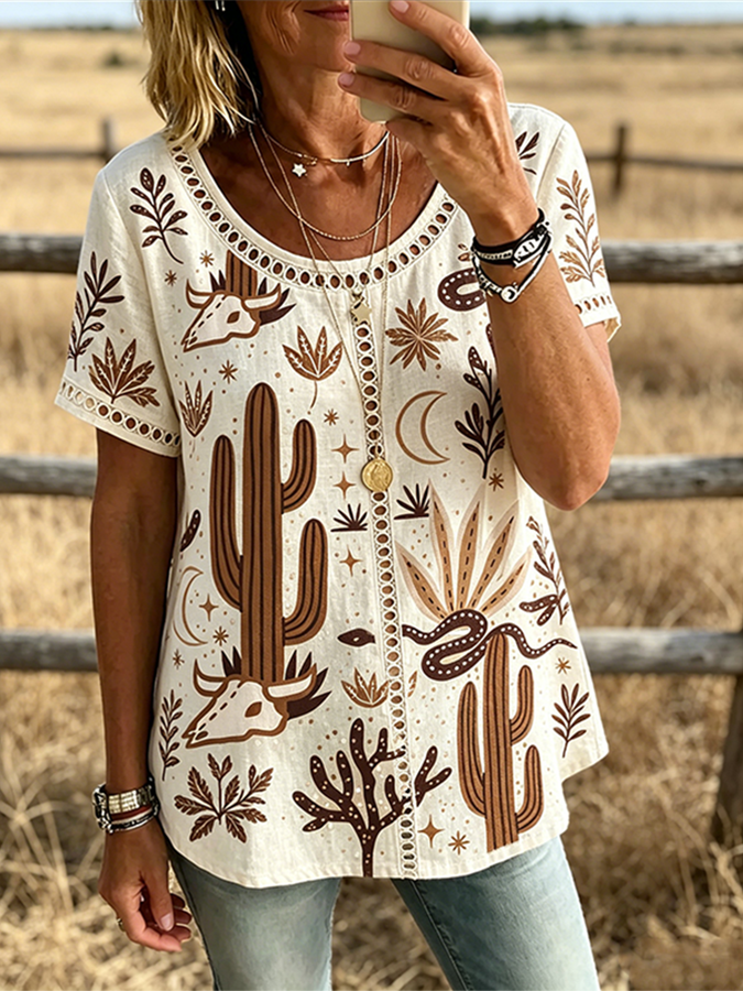 Haut décontracté à manches courtes pour femme avec motif tête de taureau et cactus style Western