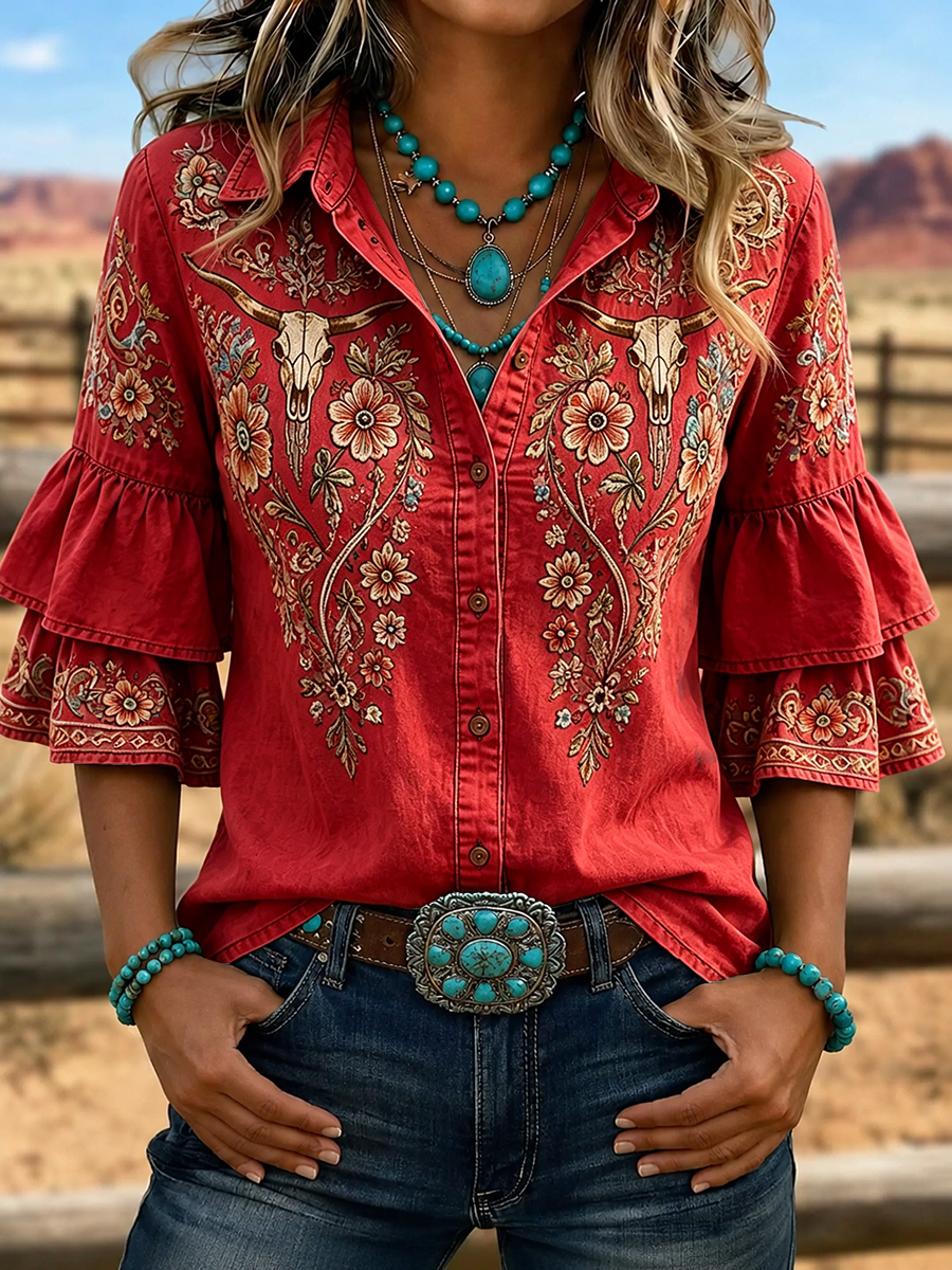 Western Damen Bluse mit Rüschenärmeln und gesticktem Stierkopf