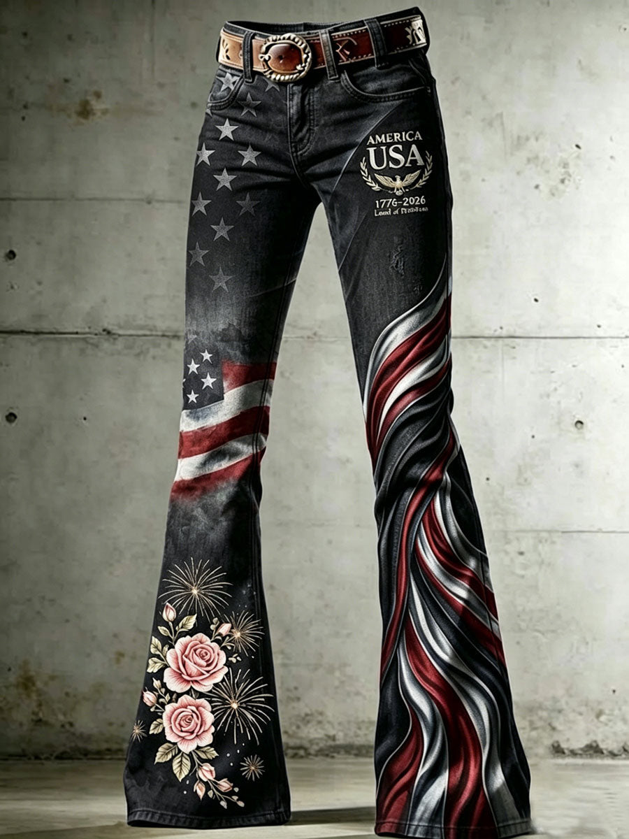 Jean taille haute pour femme avec motifs croix, drapeau, papillon et fleurs