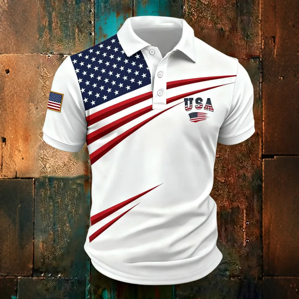 Herren Retro Casual Polohemd mit Print und kurzen Ärmeln zum Unabhängigkeitstag