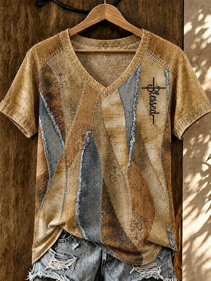 Damen Vintage Western Faith-Print V-Ausschnitt Top