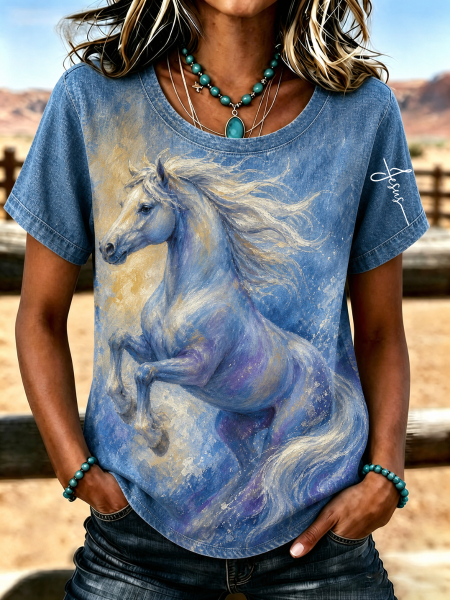 Damen T-Shirt mit Rundhalsausschnitt im Western-Stil und Tiermotivkreuz