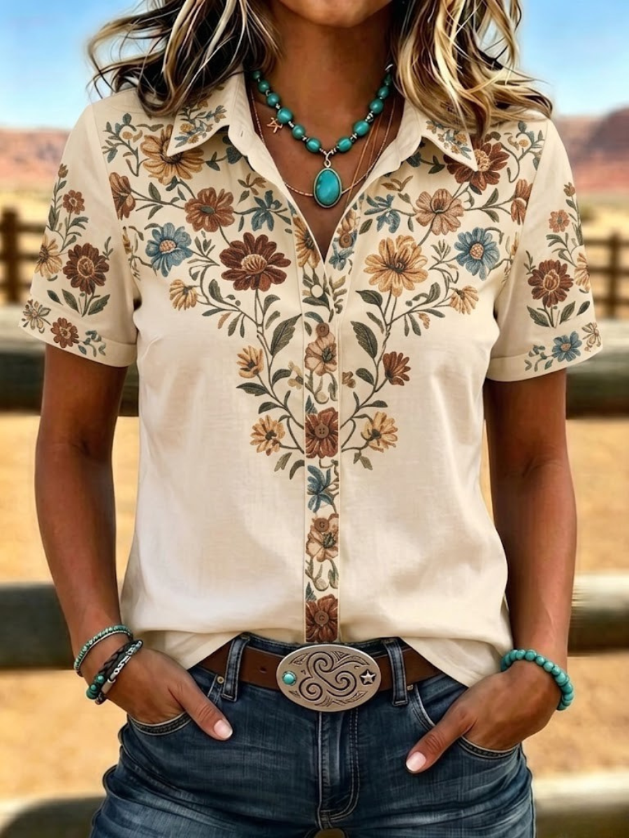 Women'S Retro Western Style Printed Short Sleeved Shirt