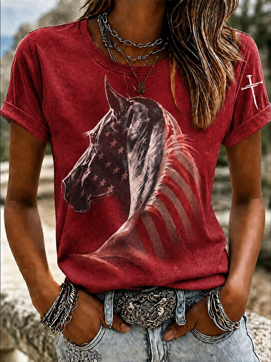Damen Western Horse Art Glauben Art Bedrucktes Rundhals T-Shirt