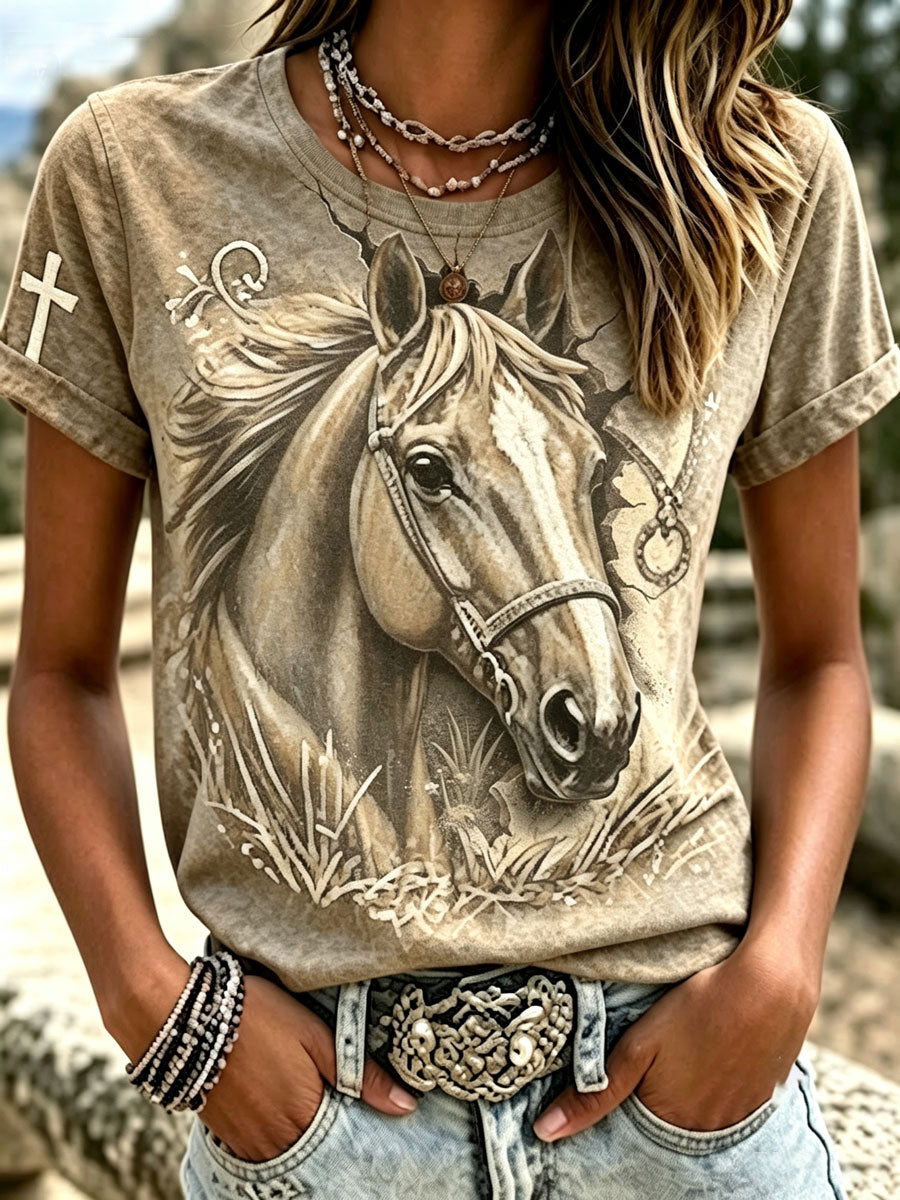 Women'S Western Style Cross Round Neck T-Shirt