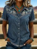 Women's Vintage Floral Art Print Hollow Patchwork Casual Shirt