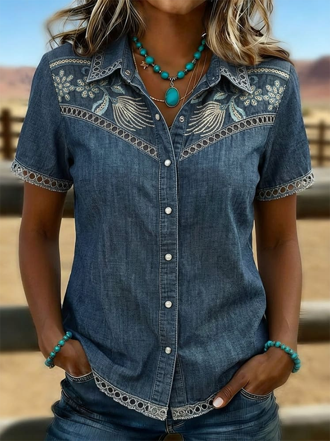 Women's Vintage Floral Art Print Hollow Patchwork Casual Shirt