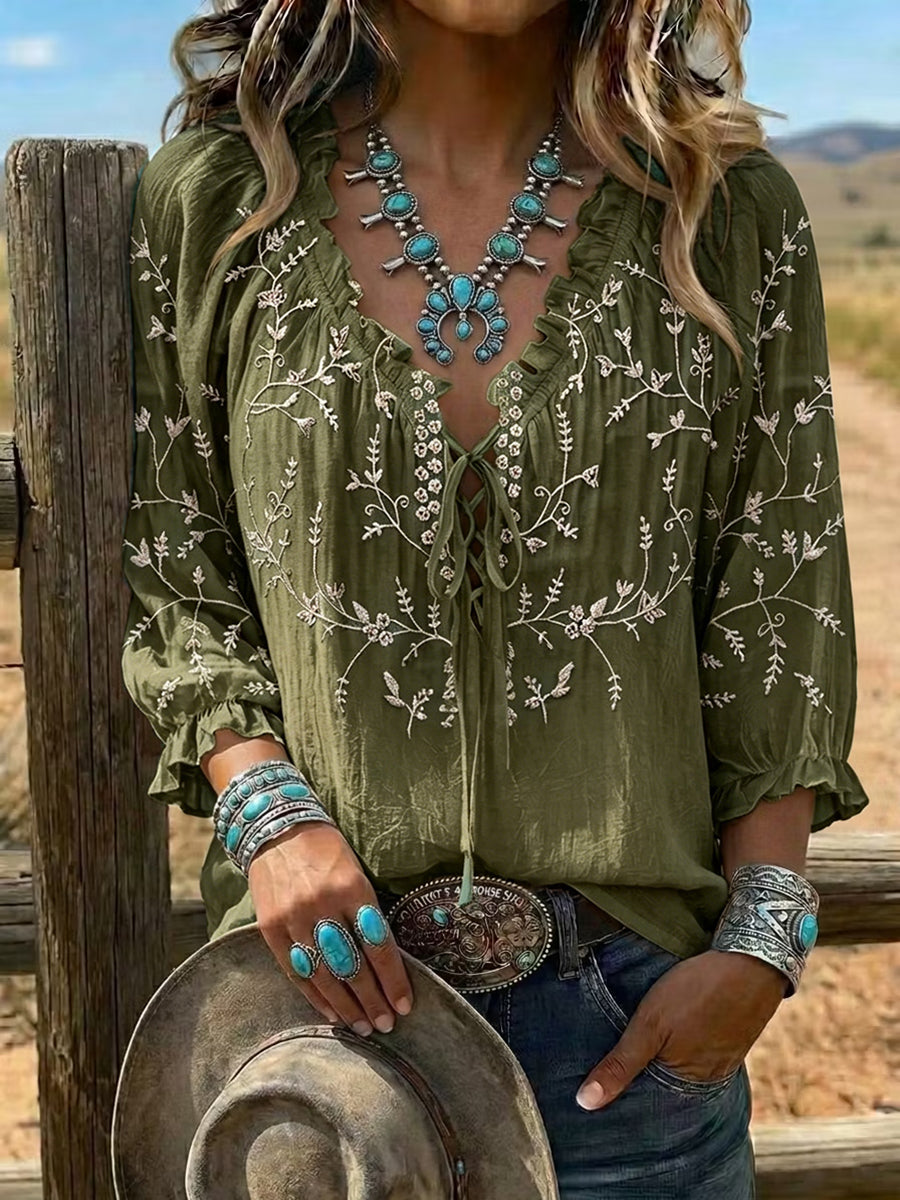 Women's Vintage Floral Print Casual Ruffle Tie-Up Shirt