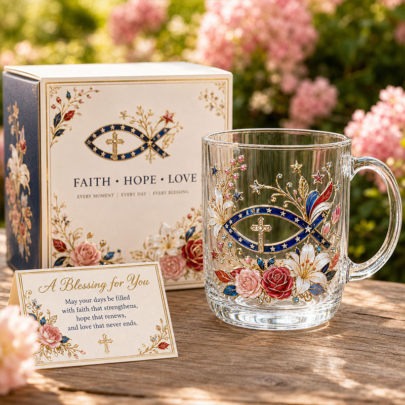 Faith Hope Love Ichthys Cross Glass Mug Gift Set