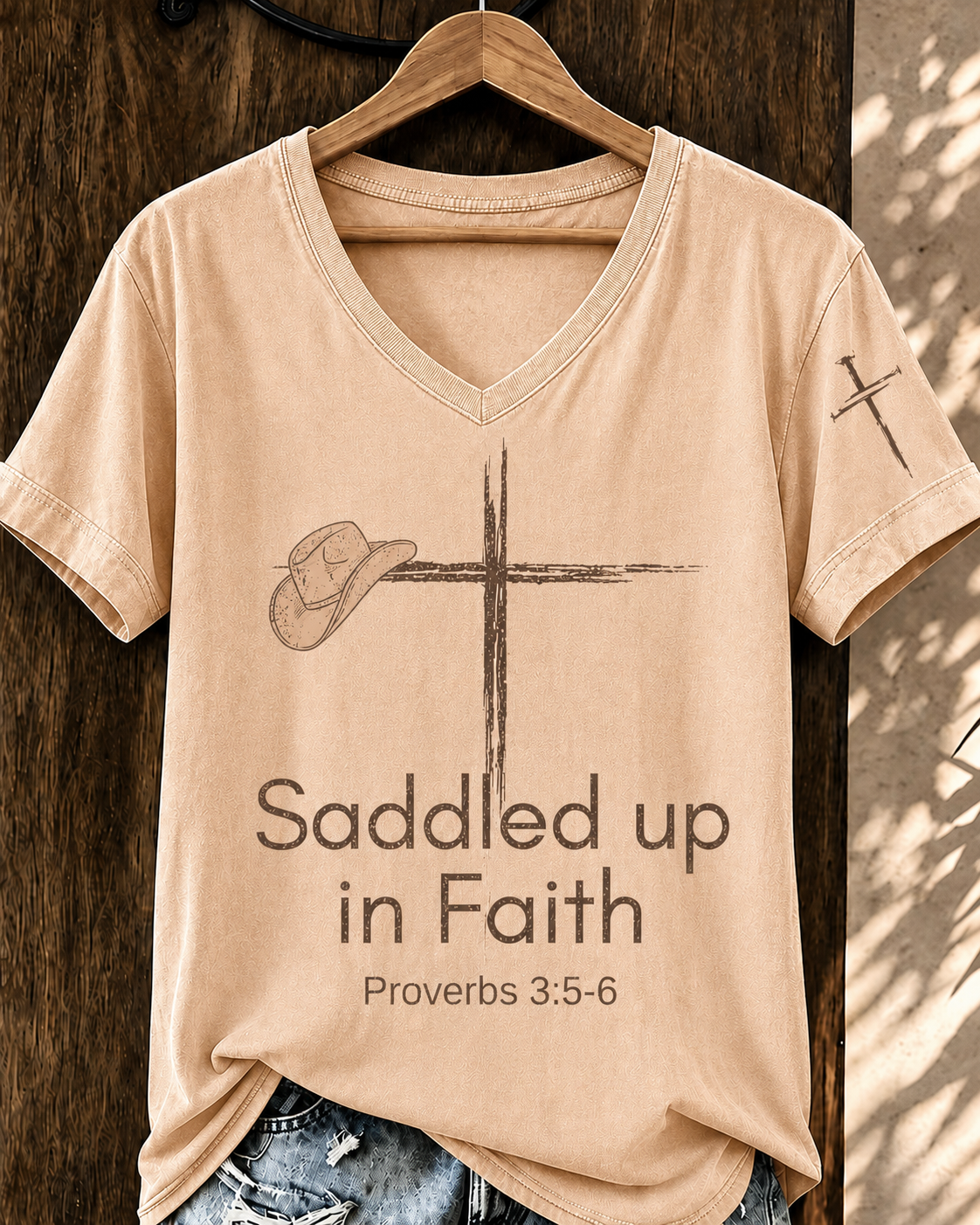 Women'S Retro WesternSaddled Up in Faith  V-Neck T-Shirt