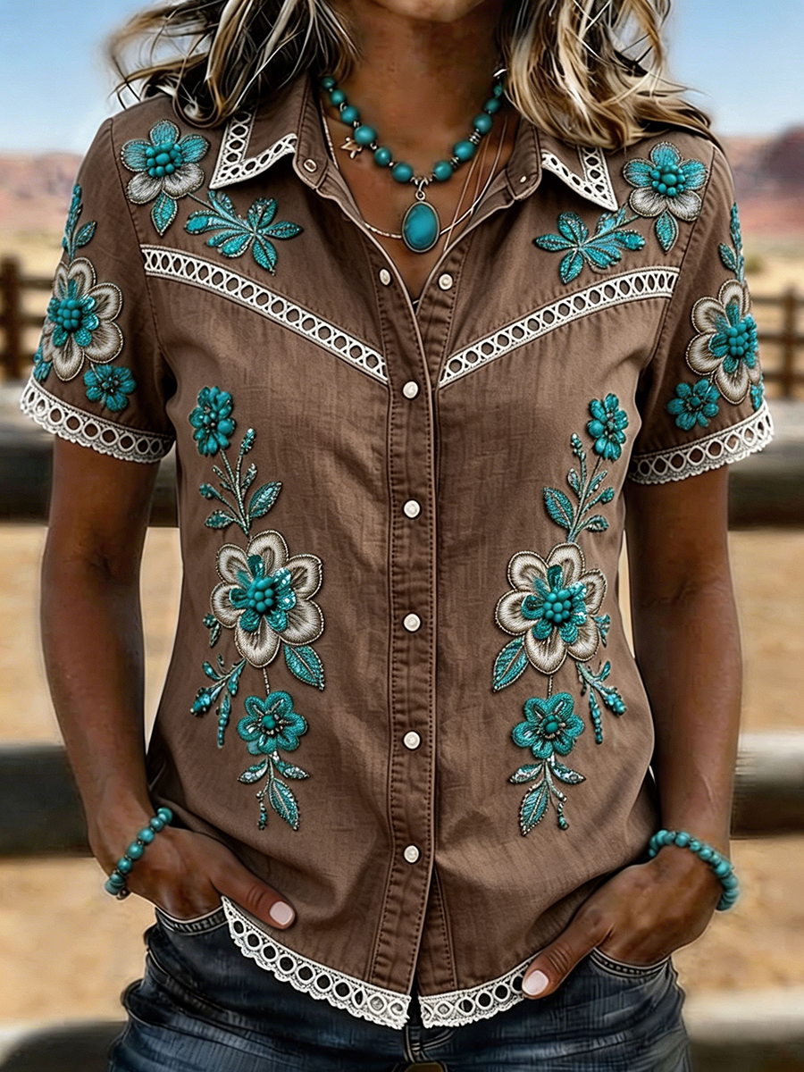 Women's Bohemian Floral Embroidered Lace Trim Western Denim Shirt