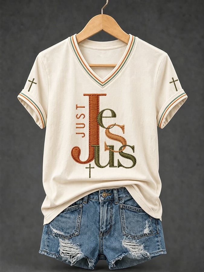 Women's Just Jesus Print V Neck T-shirt