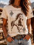 Damen-T-Shirt mit Rundhalsausschnitt und Tiermotiven im Western-Stil