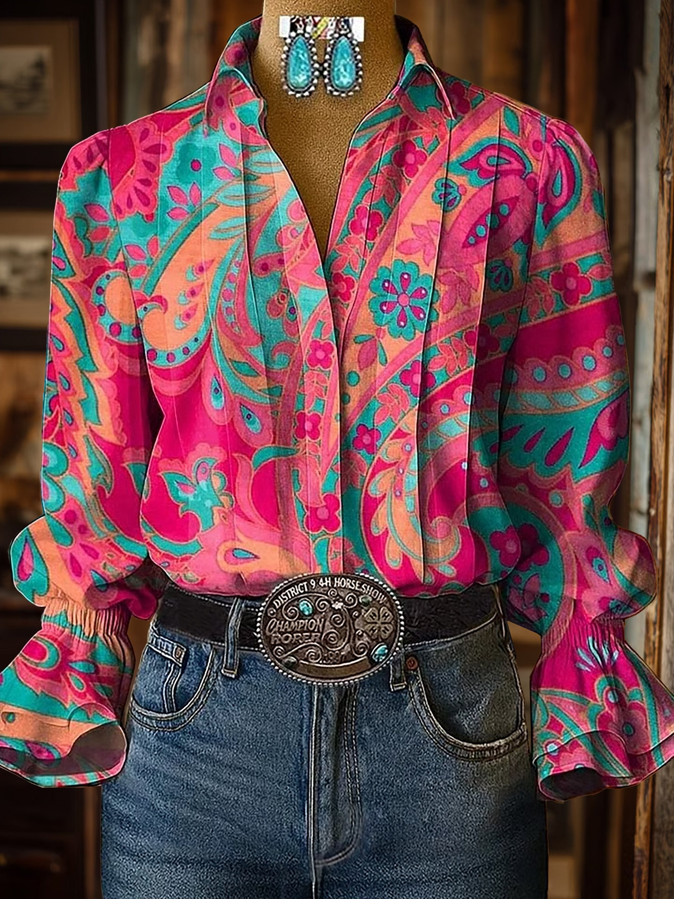 Damen Freizeit Western Hemd mit Puffärmeln und Muster