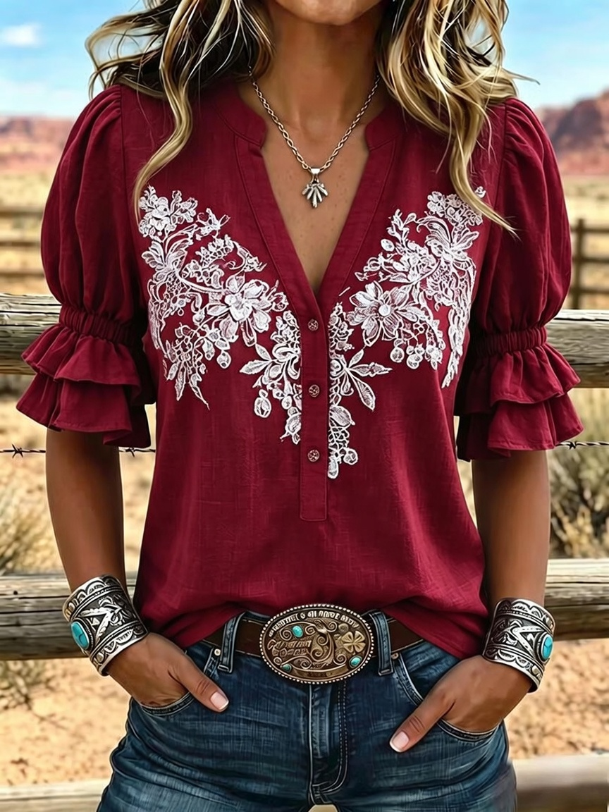 Women's Vintage Art Print Puff Sleeve Casual Shirt