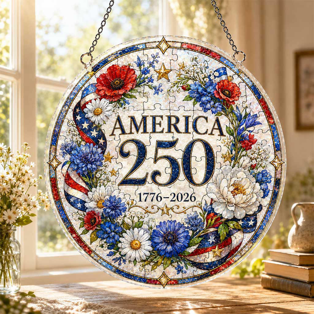 America 250th Anniversary Acrylic Puzzle Hanging Ornament – 1776–2026 Patriotic Floral Window Décor
