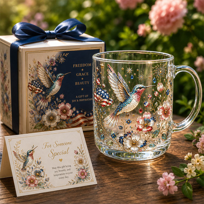 Patriotic Hummingbird Floral Glass Mug Gift Set