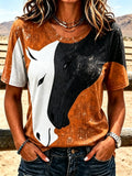 Damen Retro Western Tier-Print Rundhals T-Shirt