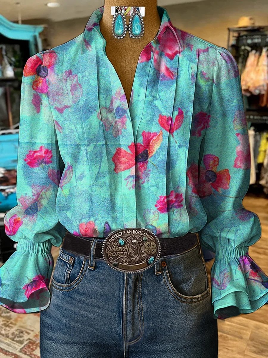Damen Retro Freizeit Western Muster Hemd