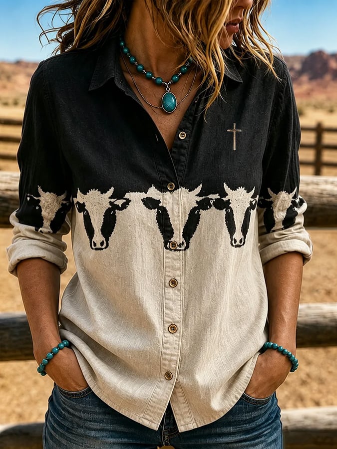 Women's Vintage-Style Western Print Shirt