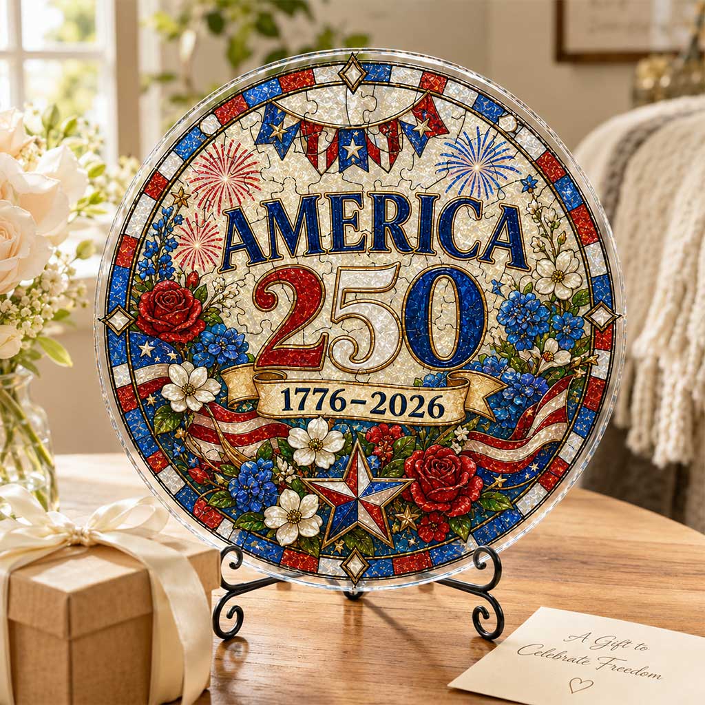 America 250th Anniversary Acrylic Puzzle Hanging Ornament – 1776–2026 Patriotic Stained Glass Style Window Decor