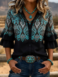 Damen Western Paisley Farbverlauf Doppelter Rüschensaum Glockenärmel Hemd mit Knöpfen  