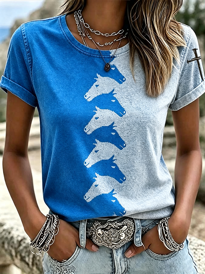 Damen-T-Shirt im Western-Stil mit Tiermuster und Rundhalsausschnitt