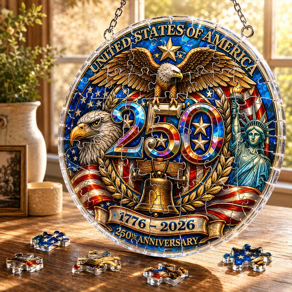 Ornement suspendu en acrylique – Puzzle pour le 250e anniversaire des États-Unis – Décoration de fenêtre patriotique avec aigle (1776-2026)