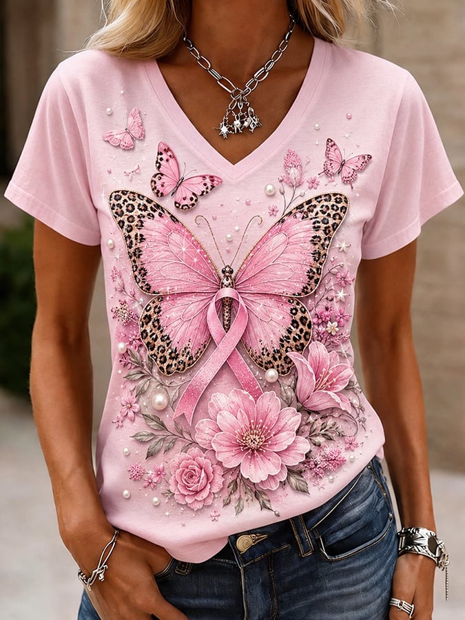 Damen Retro Pink Ribbon Brustkrebs-Bewusstsein Print Bequemes T-Shirt