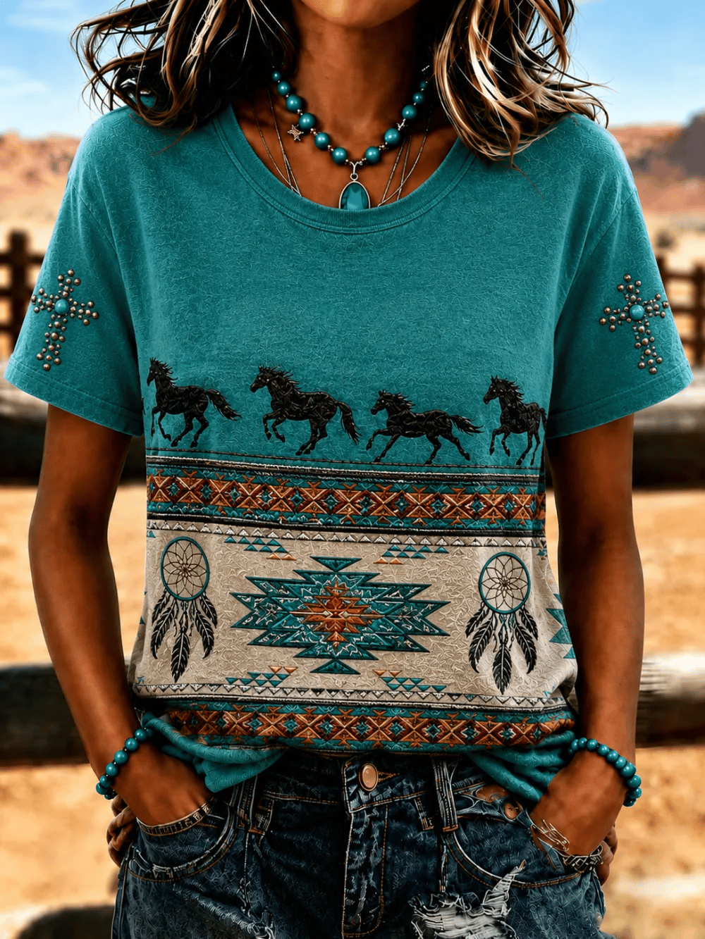 Damen Retro Western Stil Faith Print T-Shirt