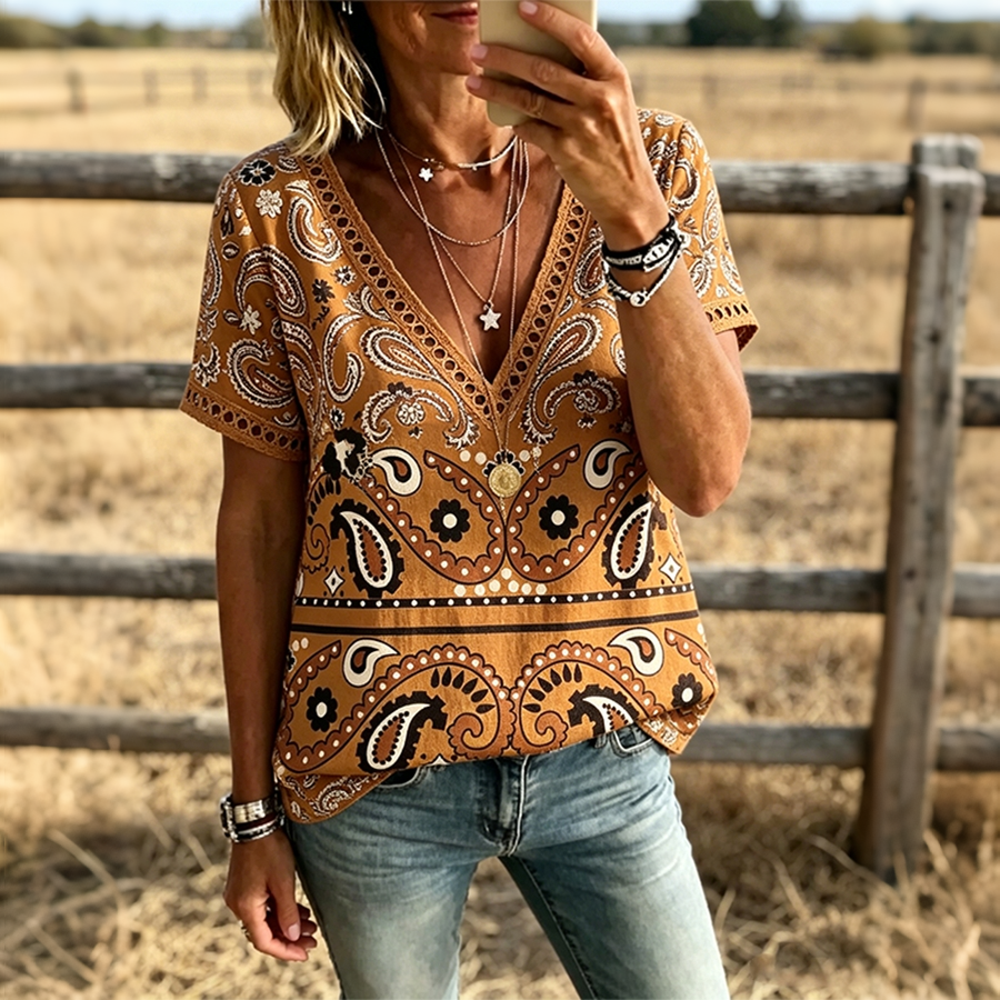 Damen Paisley-Print V-Ausschnitt Kurzarm-Boho-Westernshirt