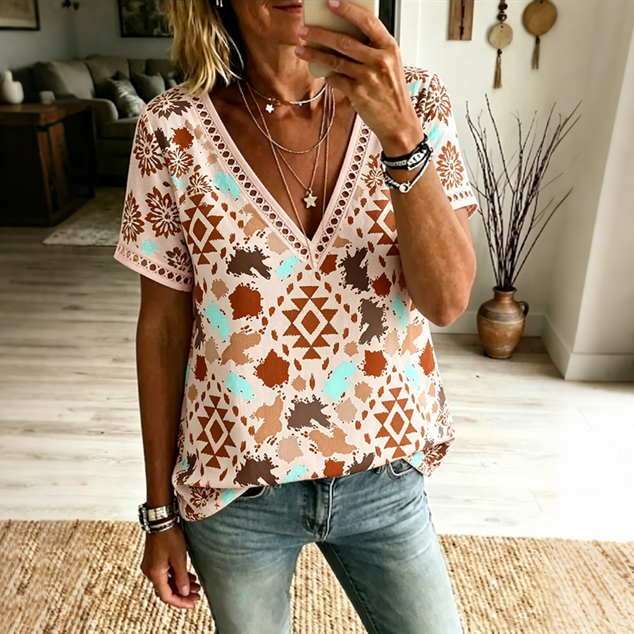 Damen Boho Aztek-Print V-Ausschnitt Spitzenbesatz Lässiges Kurzarm-Top