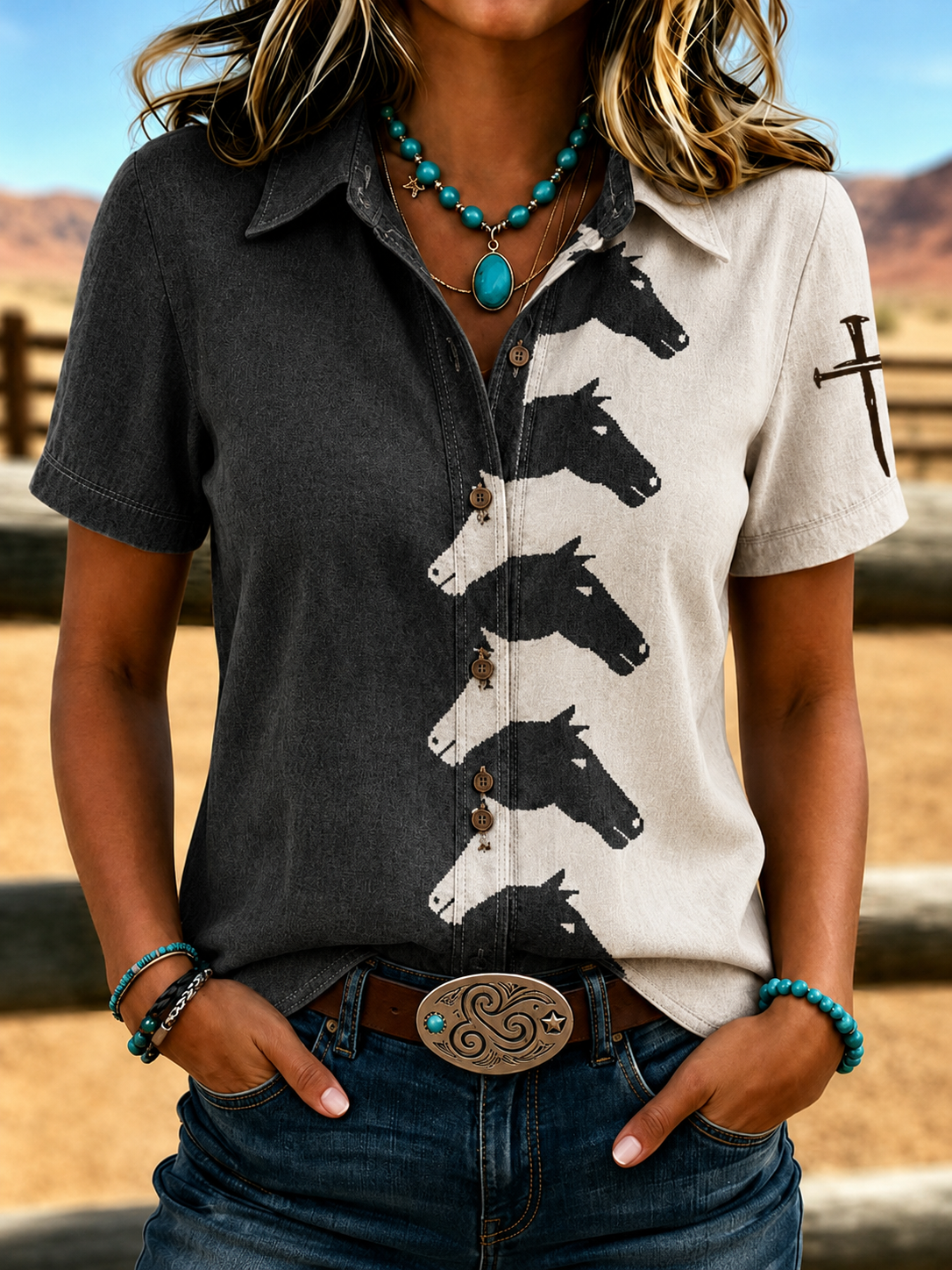 Women'S Retro Western Style Cross Short Sleeved Shirt