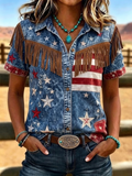 Damen Retro Western Stil Patriotisch Bedrucktes Kurzarmhemd