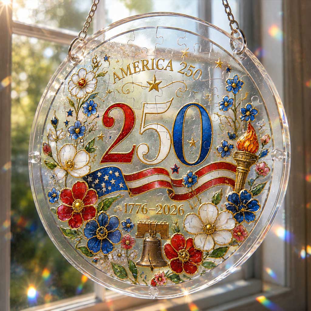 America 250 Acrylic Puzzle Hanging Ornament – 1776–2026 Patriotic Window Suncatcher with Floral Flag, Liberty Bell & Torch Design